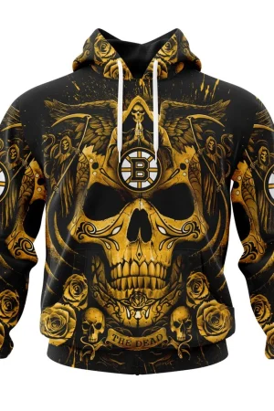 Boston Bruins Special Design With Skull Art All Over Print Hoodie Style 35055